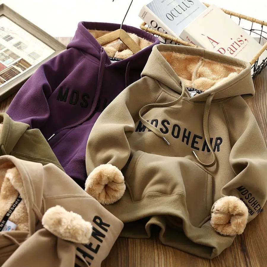 

Plus Lamb Velvet Warm Thicken Hooded Printed Letter Full Sleeves Sporty Hoodies 2023 Autumn Winter Boys Children Pullover Tops