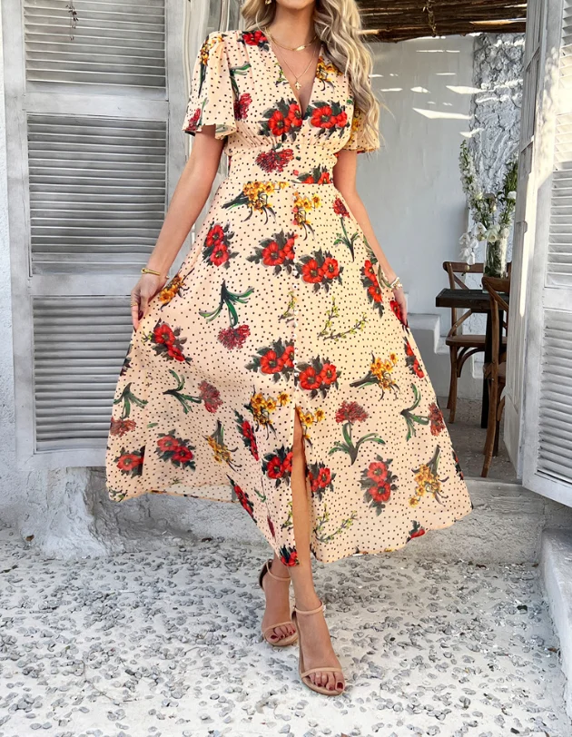 Vestido de férias de verão boêmio com decote em v estampa floral vestido de manga curta para mulheres temperamento moda cintura alta vestidos evasê