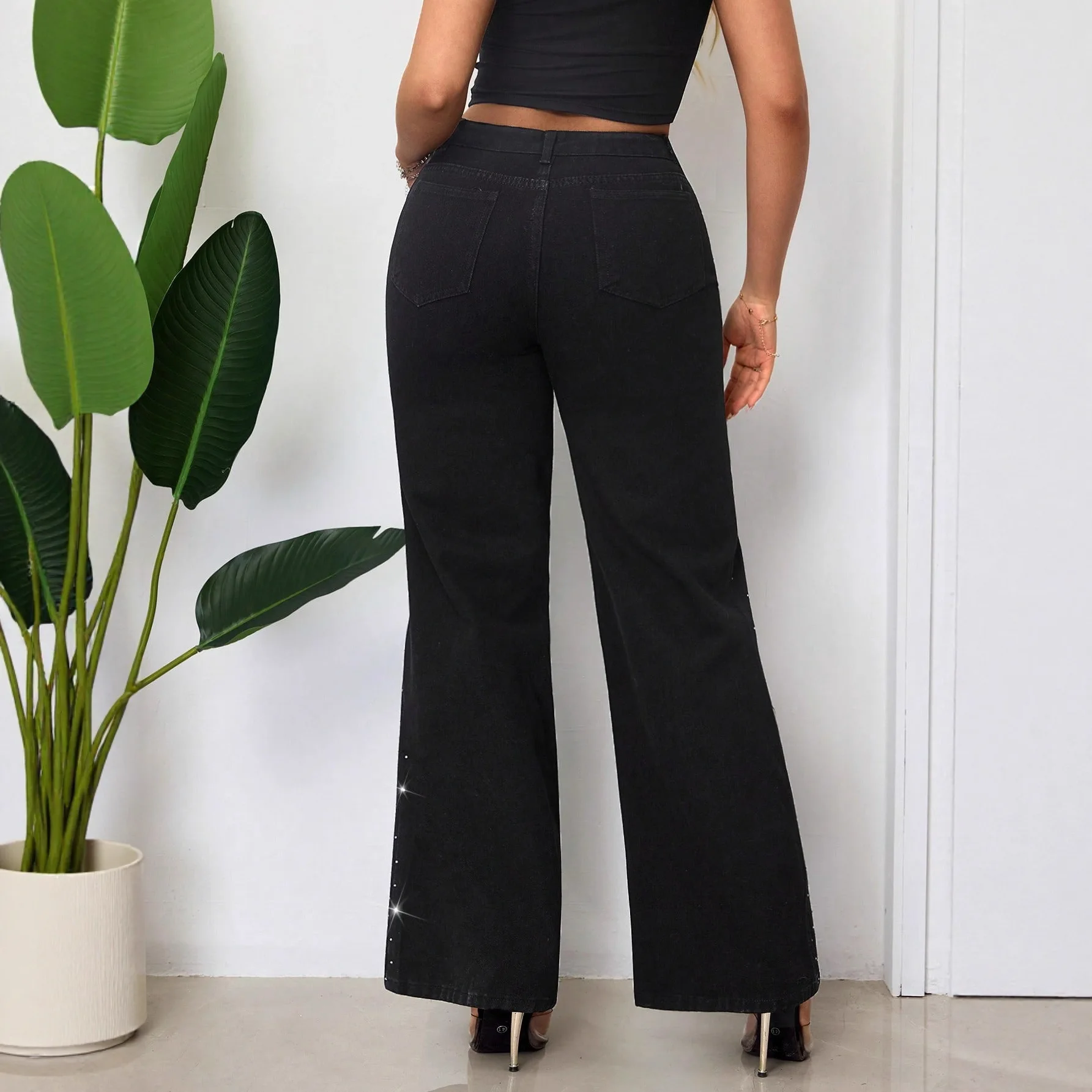 Jeans larghi a gamba larga larghi con diamanti caldi sexy delle nuove donne autunnali Jeans larghi