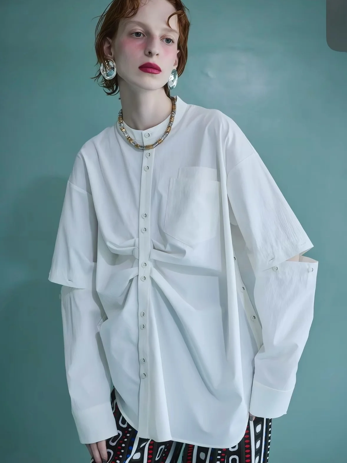 Detachable Sleeve Loose Shirt for Women with Pleats Long Sleeve round Neck Button Closure Striped Pattern Commute Style