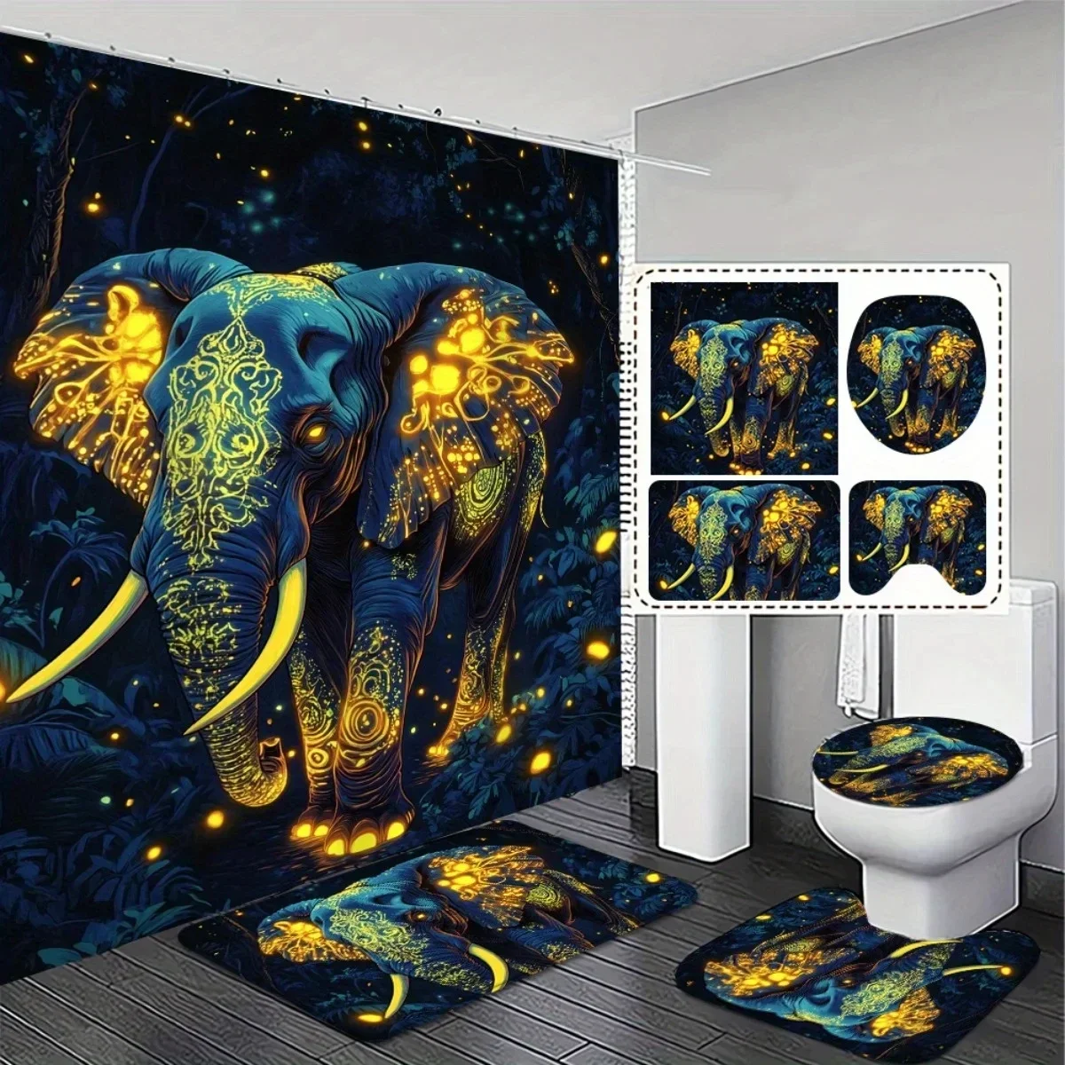 4pcs Stylish Elephant Design Shower Curtain and Non-Slip Bath Mat Set - Vibrant Blue & Golden Abstract Art, Perfect for Mod
