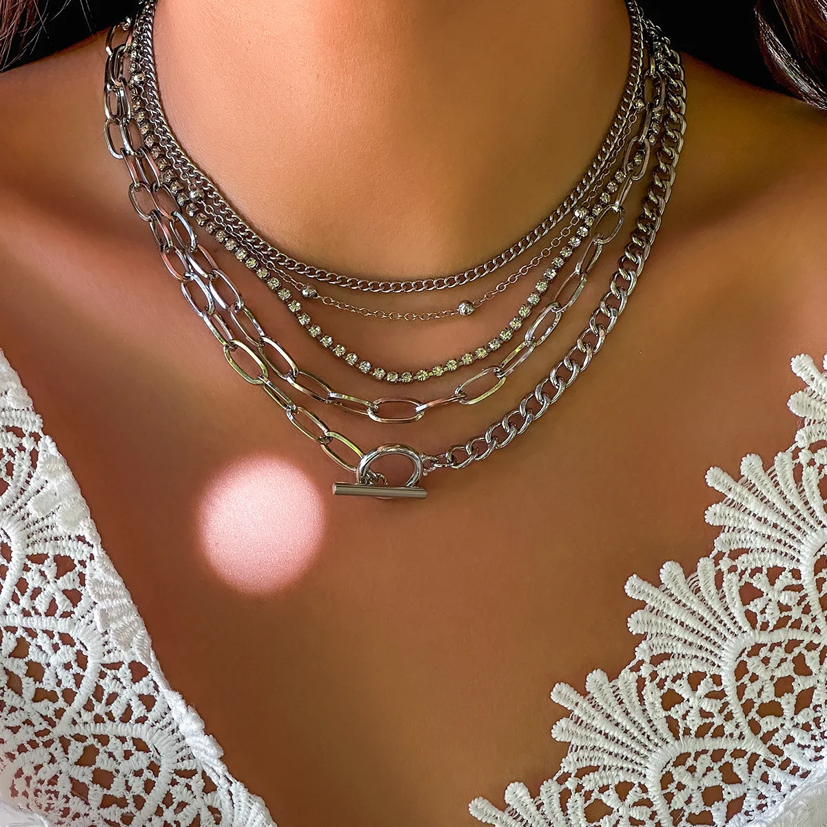 Bracelet Multilayer Chunky Beaded Chain Geometric Zircon Vintage Punk Rose Gold Tone Durable Club Jewelry Women Necklace
