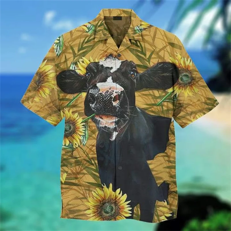 

New Men's Shirts Hawaii Tropical Style Animal Pattern Short Sleeve Aloha Blouse Cow Print Summer Casual Hawaiian Funny Camisa