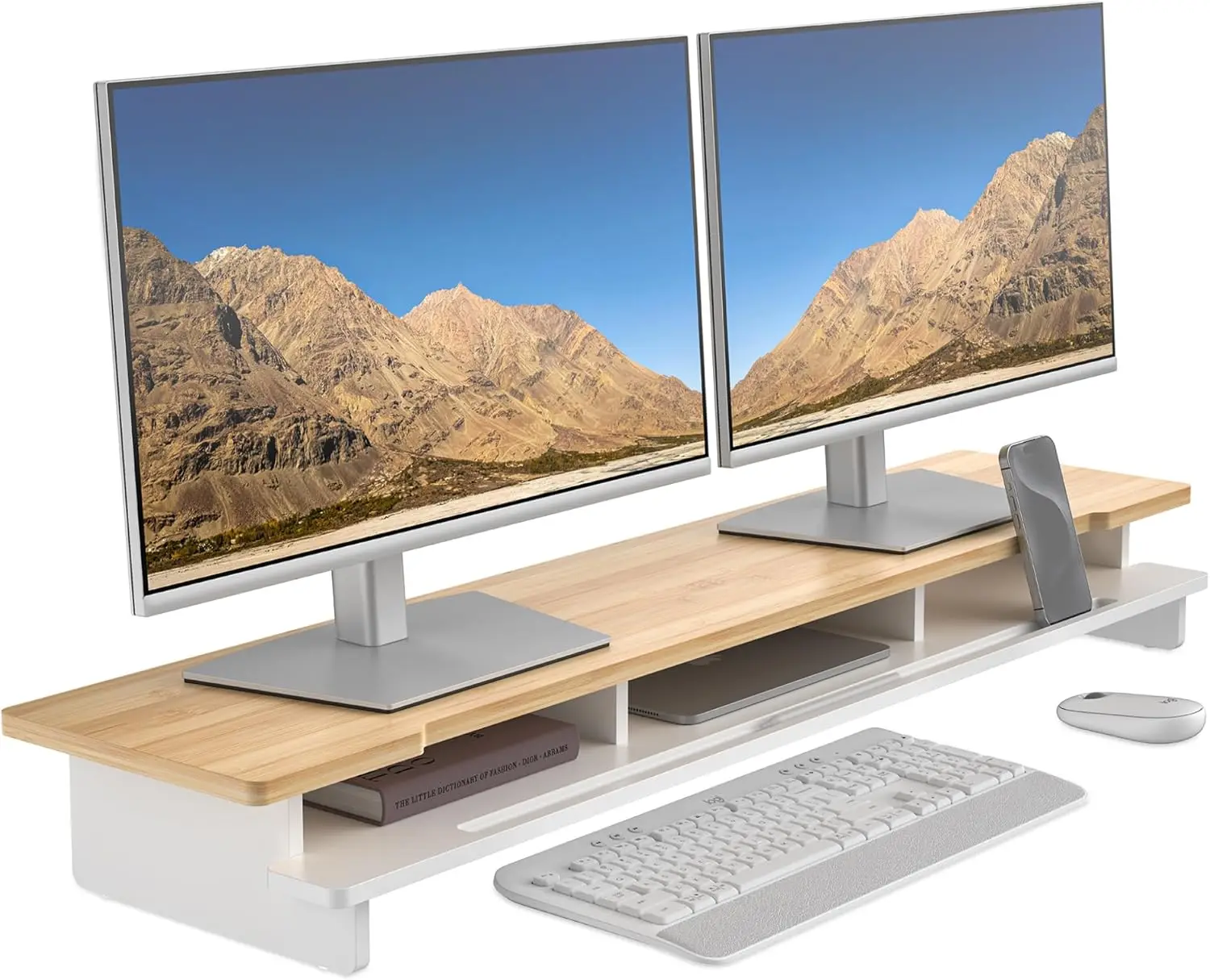 Dual Monitor Stand Riser for Desk, Wood Desk Shelf Storage Organizer with Phone Tablet Holder (42.5 Inch)