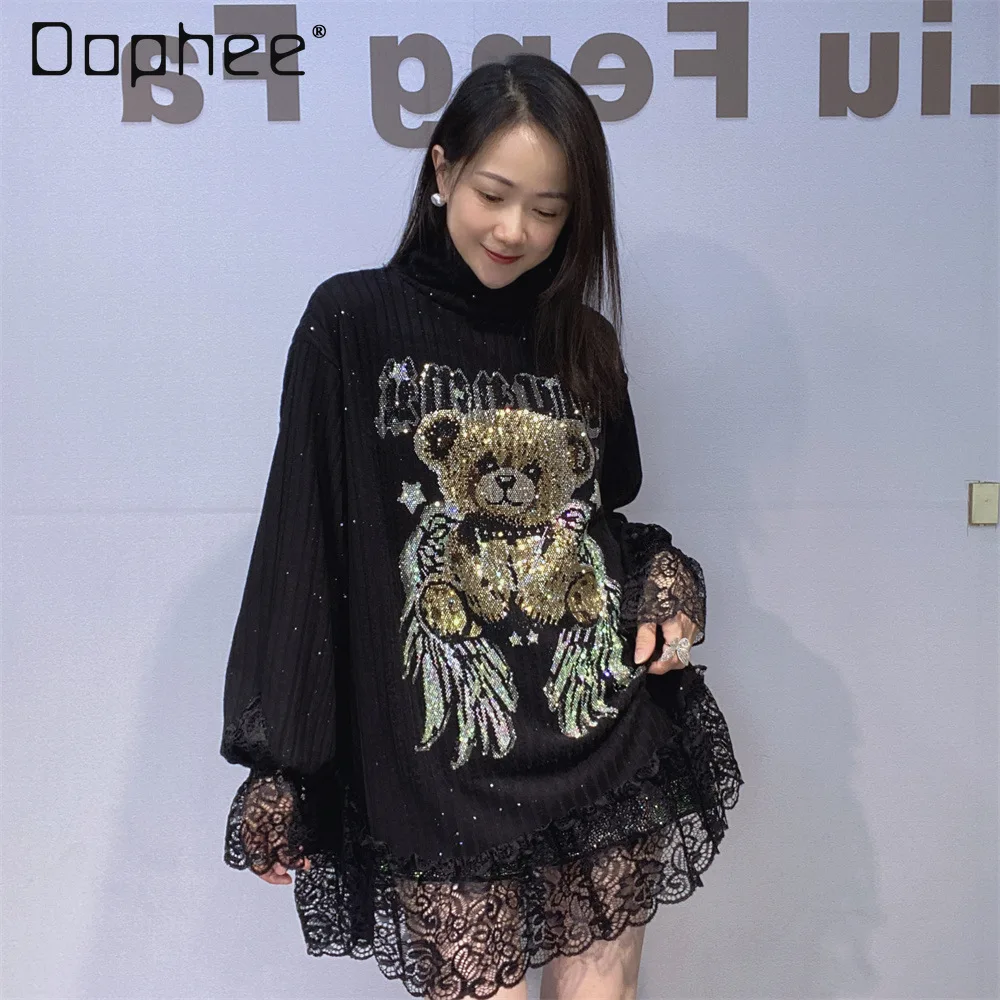 

Женский свободный топ с длинными рукавами, новинка 2025, осень-зима, кружевной топ в стиле пэчворк со стразами и высоким воротом, модная футболка большого размера