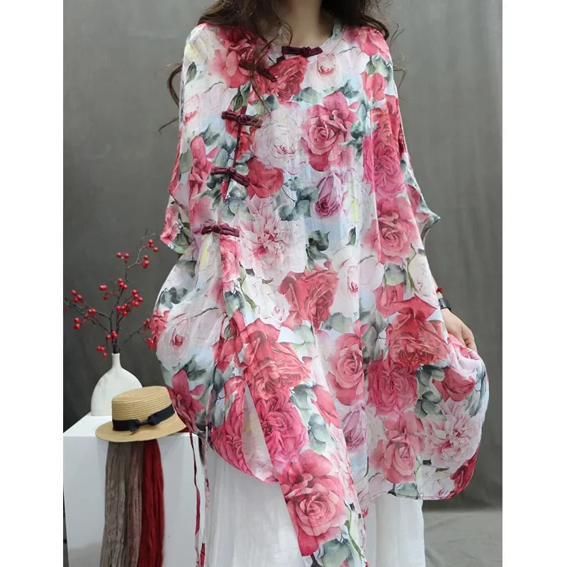Women's Cotton Linen Shirt Dress Floral Print Frog Button Loose Casual Summer Dress