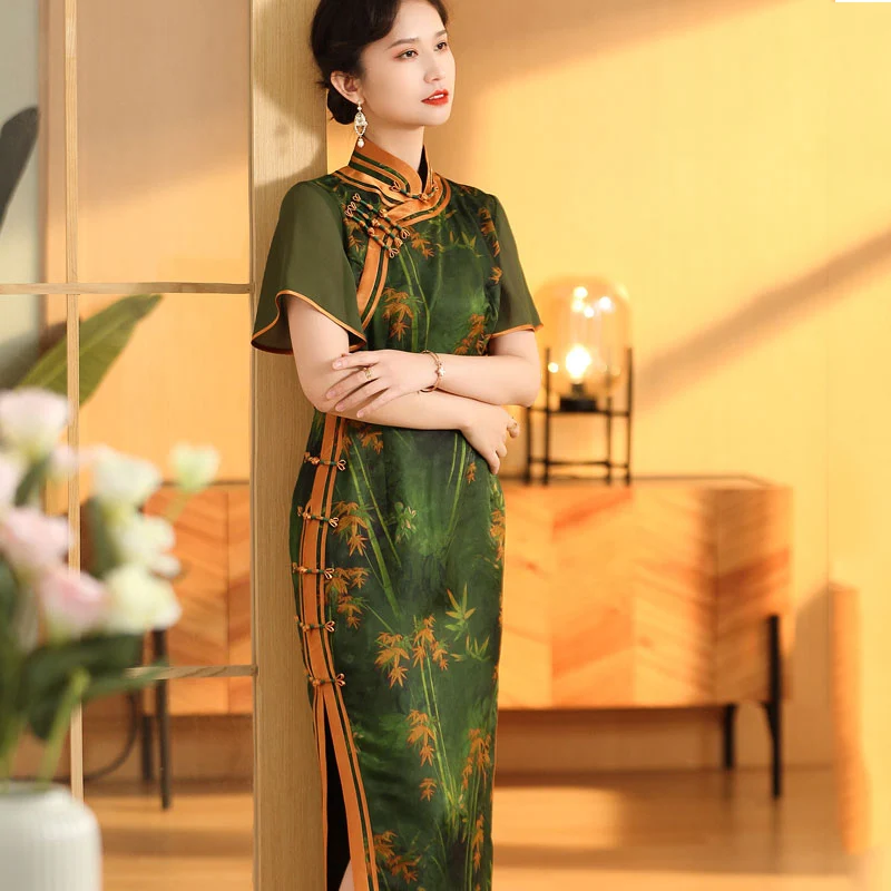 

High End Cheongsam Woman Red Cloud Yarn Spring/Summer High Slit Stand-Up Collar Oblique Silk Short-Sleeved Banquet Dress S-3XL