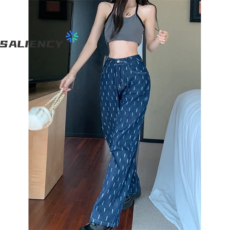 

Blue Scratched Frayed Wide Leg Jeans Women's Summer New Korean Chic High Waist Straight Trousers Loose and Thin Denim Pants