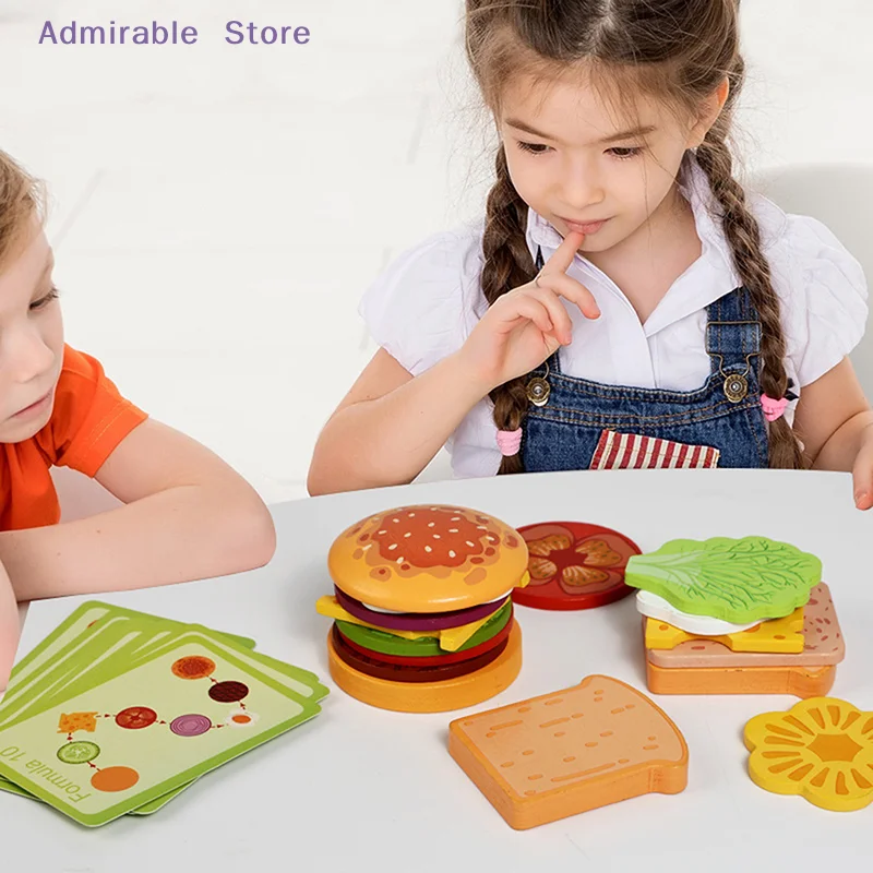 wWooden Hamburg Sandwich Stacking Toys For Toddlers And Kids Montessori Preschool Educational Toys Fine Motor Skill Kitchen Toy