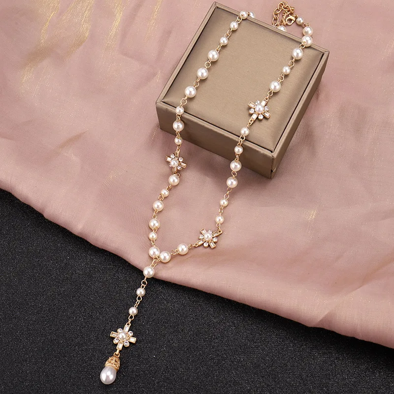 Korean Fashion Pearl Long Double Layer Pendant Necklace Sweater Chain Accessories