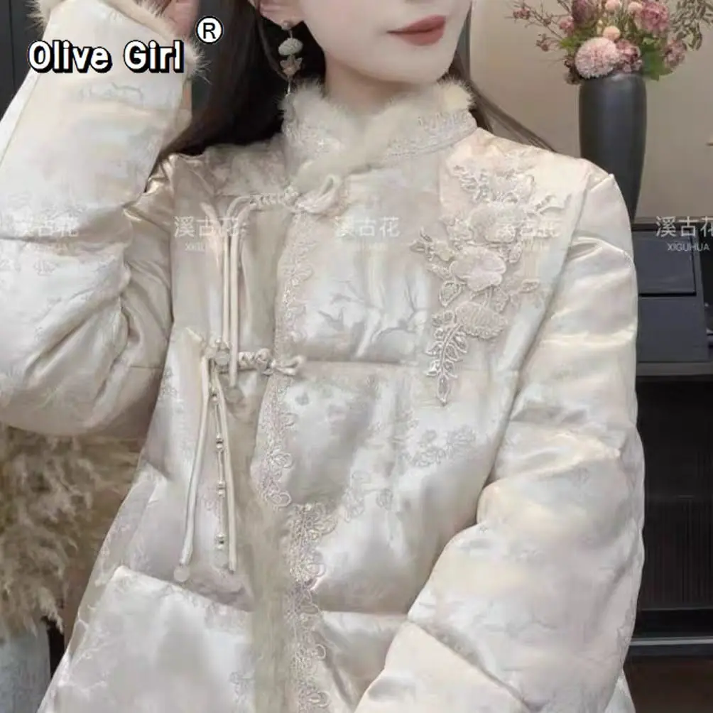 

Warm Thick Cotton Coat Lace Trim High End Chinese Style 3D Flower Decoration 2026 Warm Plush Collar Cotton Jacket Winter