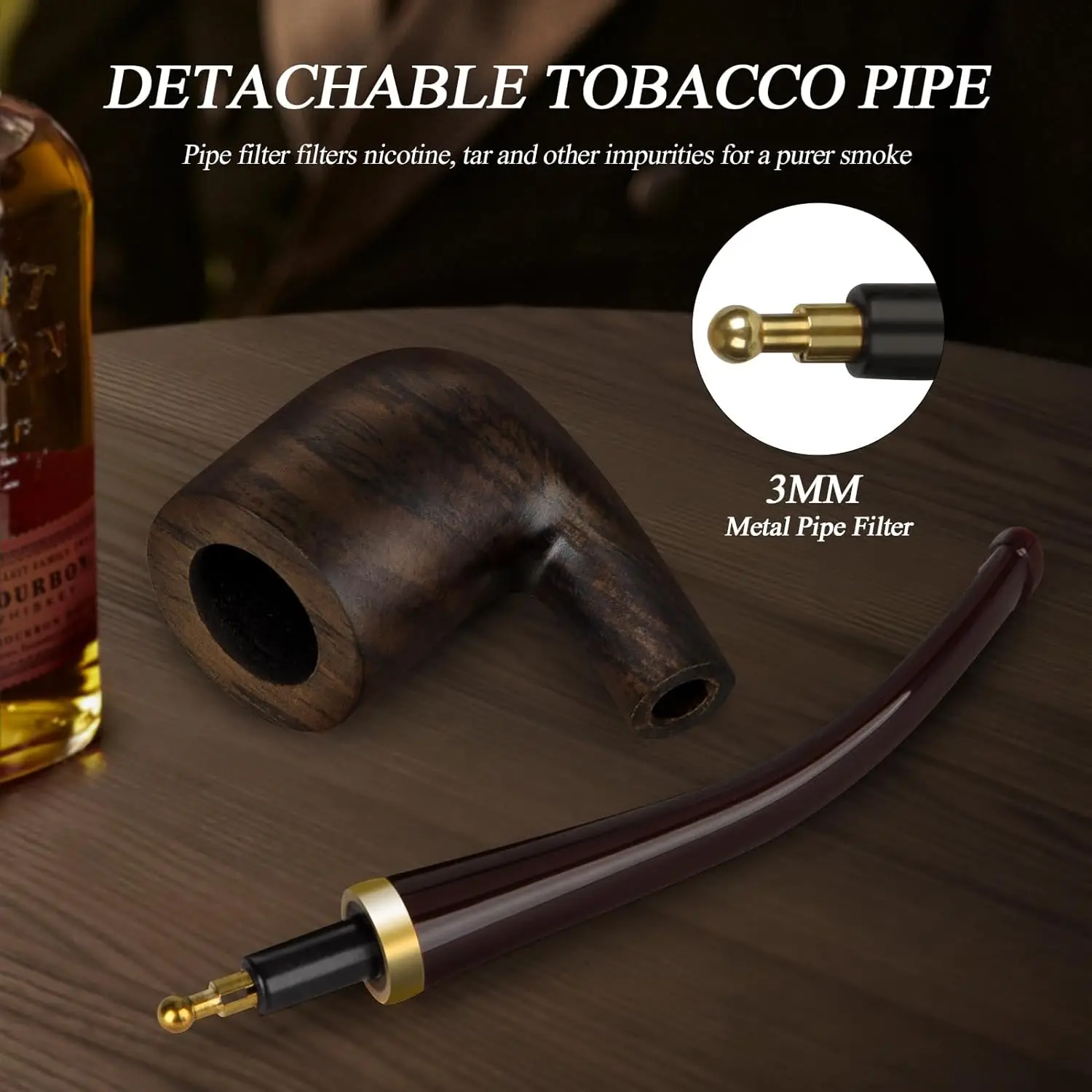 Handmade Smoking Pipe,Ebony Wood Pipe Kit with Replaceable Long Pipe Stem,4-in-1 Pipe Stand Holder,Smoking Pipe Gift Box