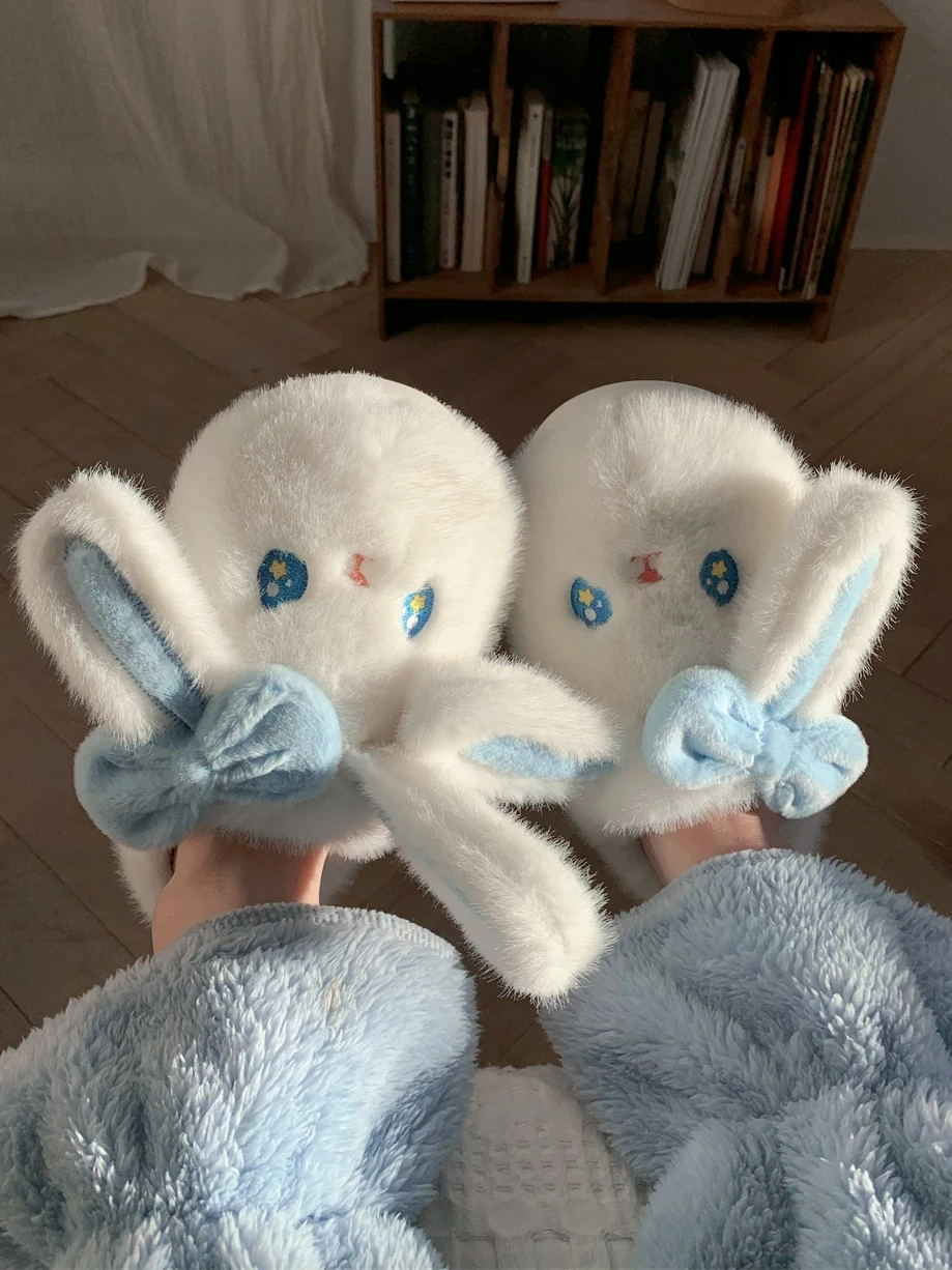 

Warm Cute Rabbit Cotton Slippers for Women Winter Student Dormi Anti-slip Home Slippers Korean Sle Low Heel EVA Bot
