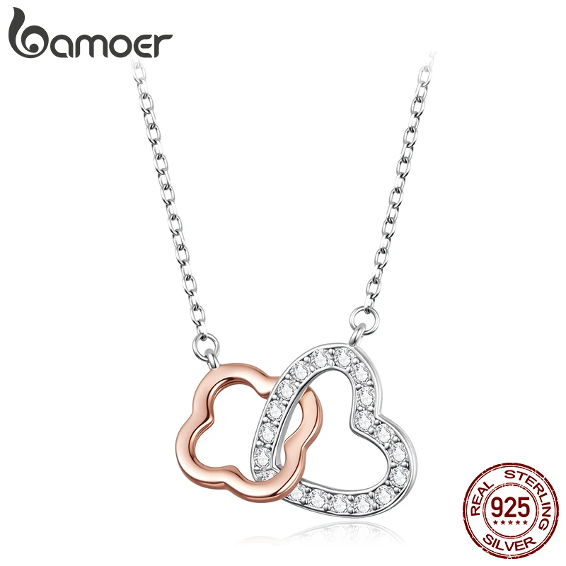 BAMOER 925 Sterling Silver Lucky Heart Necklace Connected  Necklaces and Pendants for Girlfriend Valentine's Day Gift