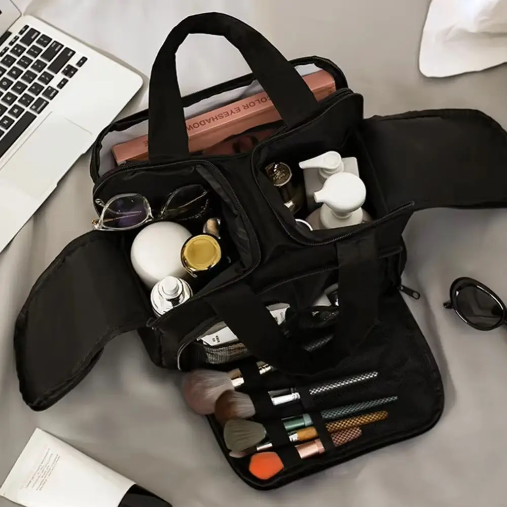 Multipocket Design Cosmetic Handbag Double Side Open Comfortable Handle Makeup Organizer Double Zipper Checkered Pattern