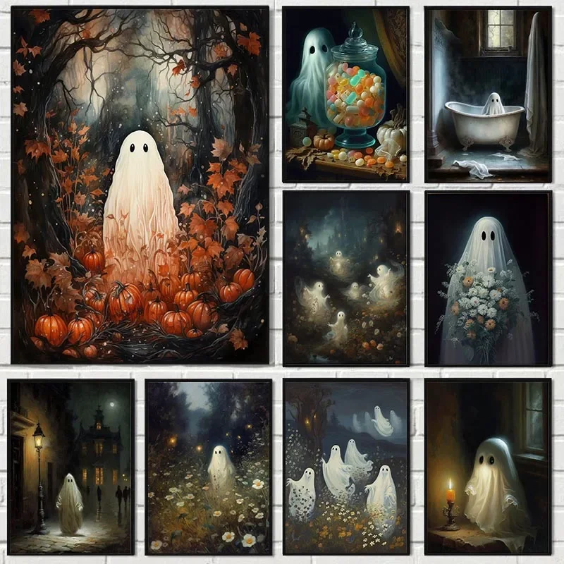 Gothic Ghost Flower Jack-o-lantern Canvas Print Haunted Villa Garden Dark College Wall Art Poster ForLiving Room Home Room De