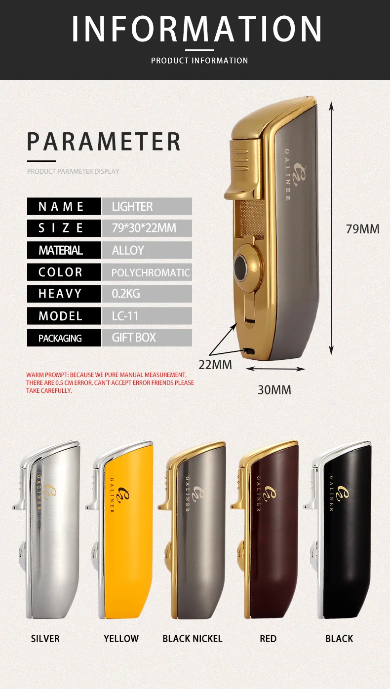 GALINER Metal Cigar Lighter Windproof Portable Butane Gas 3 Torch Jet Lighters Cigar Tool With Cigar Punch