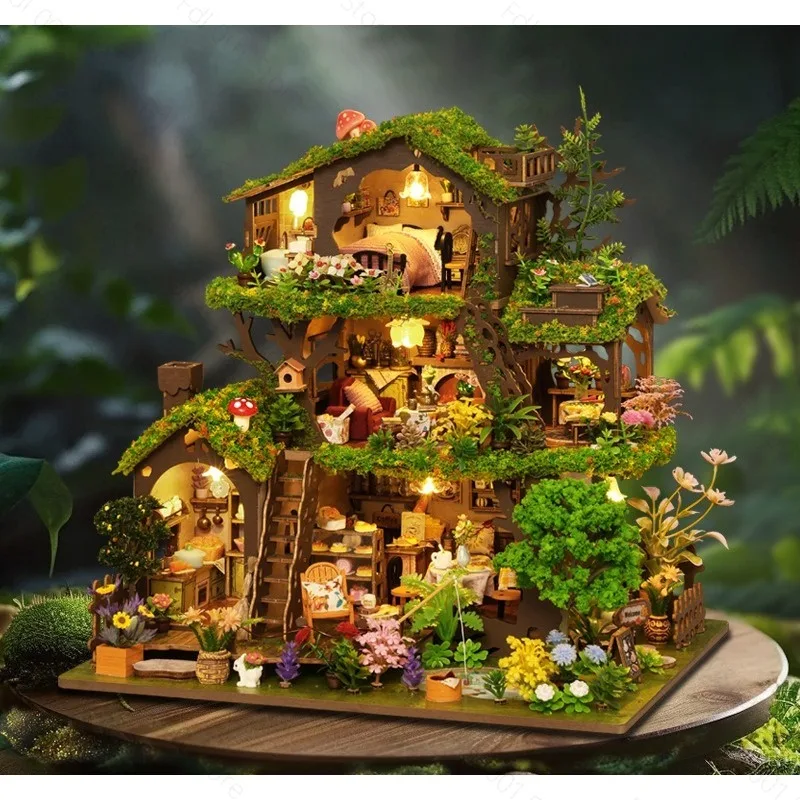 DIY Wooden Tree House Villa Model Hand-Assembled Toy Gift for Females Creative Handcraft Building Kit