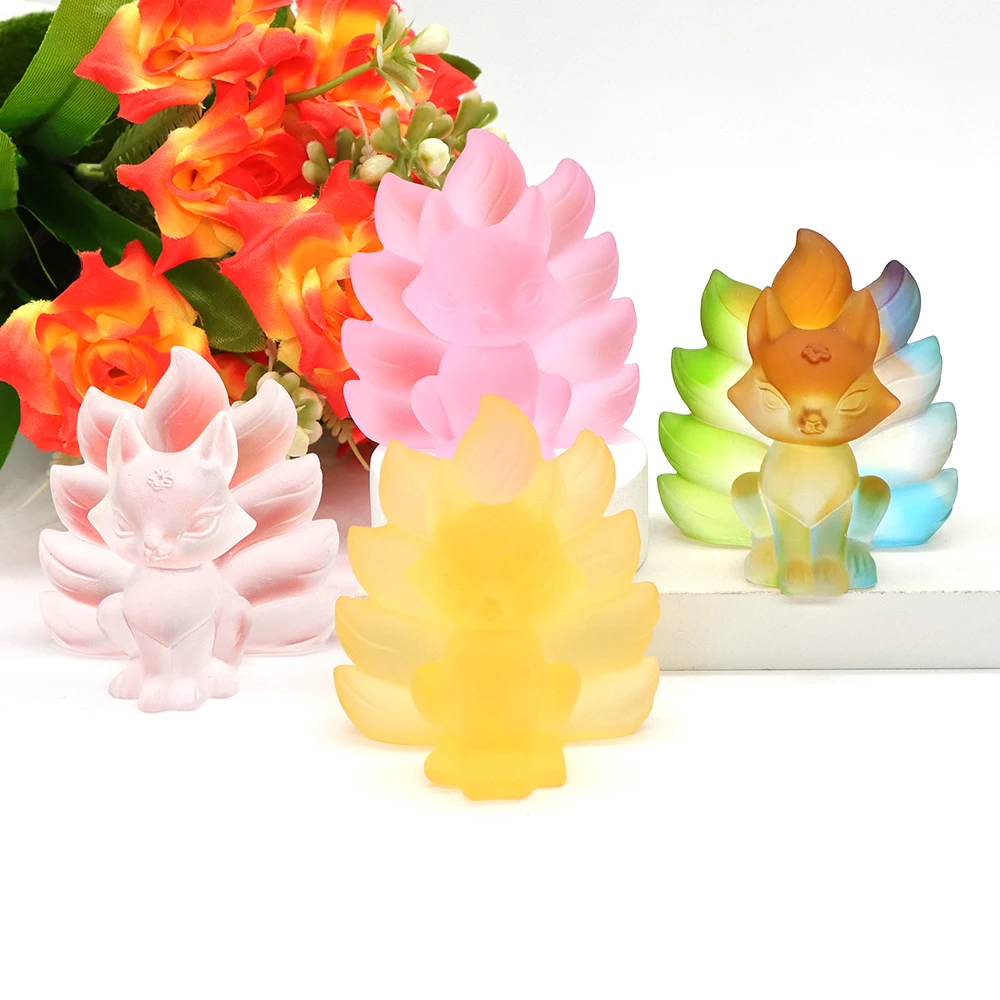 

Coloured Glaze Nine-tailed Fox Statue Glass Liuli Crystal Worship Call Peach Blossom Luck Fengshui Home Decoration Gift