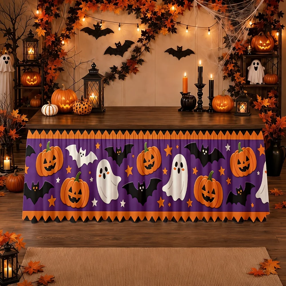 Halloween themed playful spooky pumpkins ghosts bats stars purple orange autumn October festive party tablecove