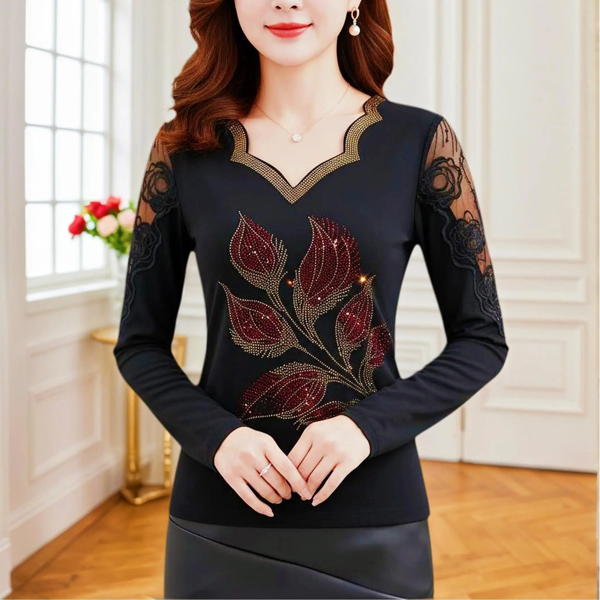 

Новинка,европейская,одежда,хлопок,футболка,шик,Сексуальный,В-образный вырез,Блестящий,Diamonds,Цветок,Пэчворк,Кружево,Женский,Топсы,Длинный рукав,Горячие,Тити,510017