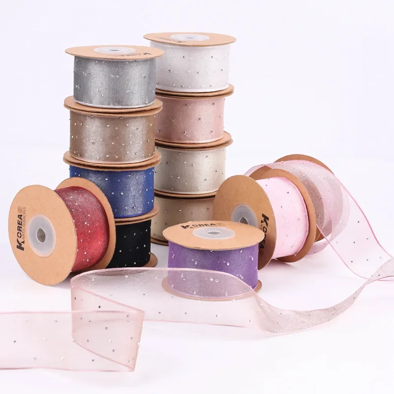 Organza Satin Ribbon with Diamond Beads for Hair Bows, Sewing Material, Wedding Gifts Packing, DIY Crafts, Tulle, 25mm 40mm 50mm