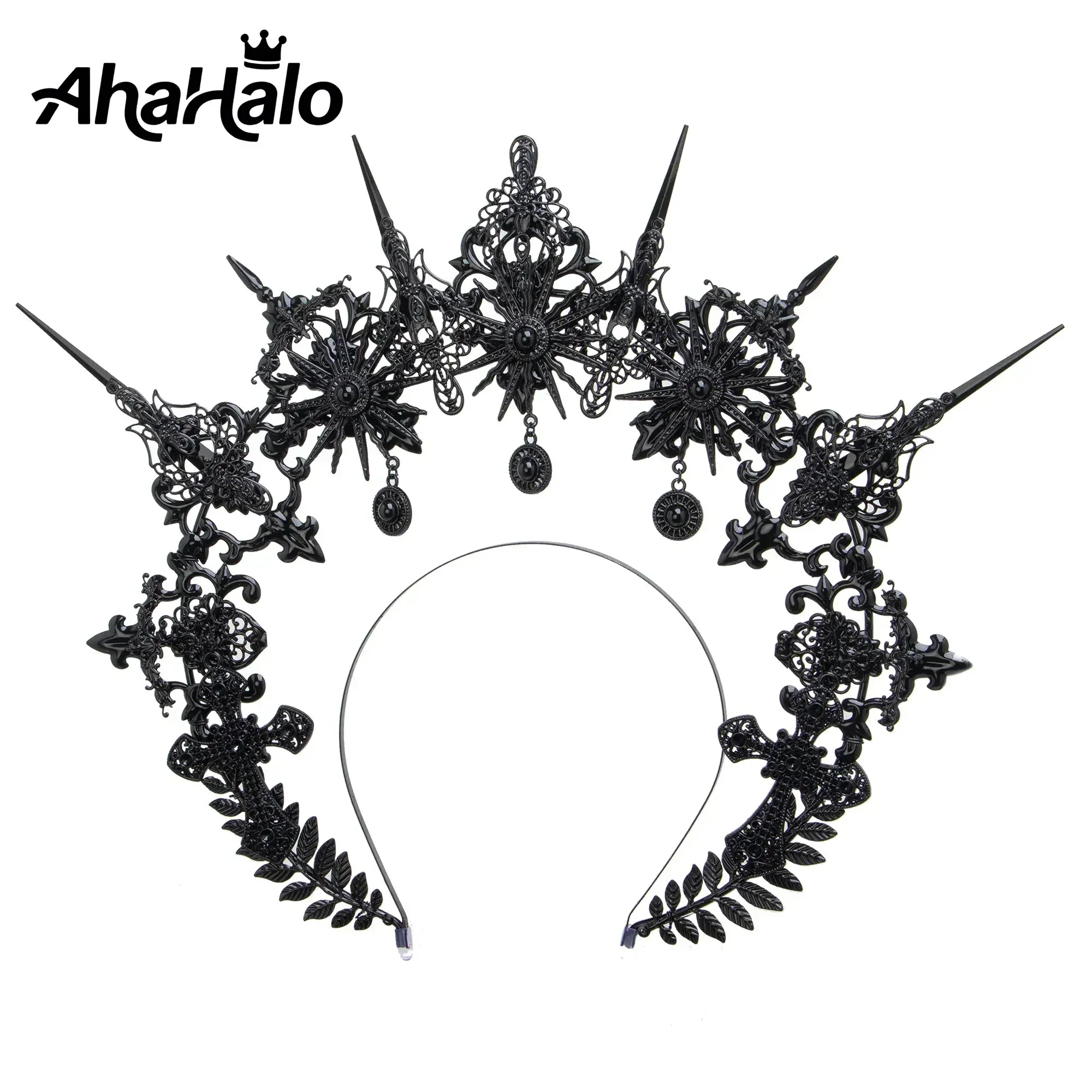 

Black Gothic Spiked Halo Crown Mary Goddess Halo Headband Women Halloween Cosplay Headband Handmade Wedding Headdress