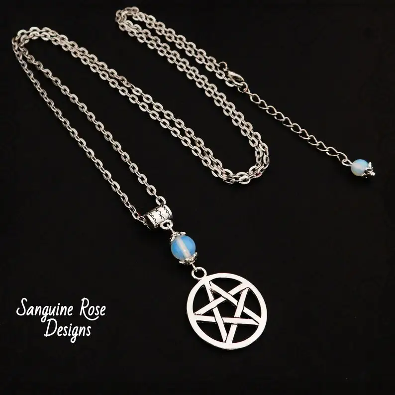 PENTAGRAM MOONSTONE NECKLACE, Pagan Necklace, Extra Long Necklace, Silver Necklace, Gemstone Jewellery, Pentagram Jewellery