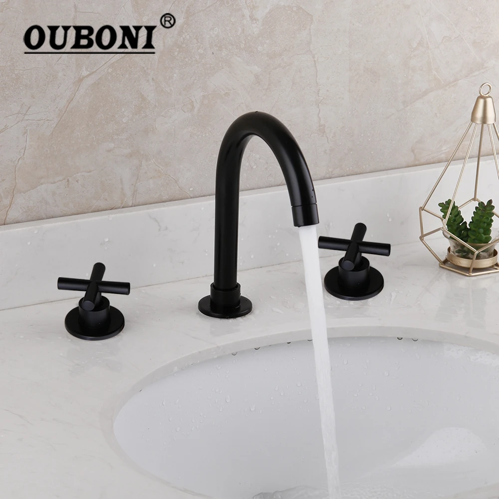 

OUBONI Matte Black Bathtub Faucet Set Swivel 3 Pcs 2 Handles Bathroom Basin Sink Solid Brass Faucet Mixer Tap