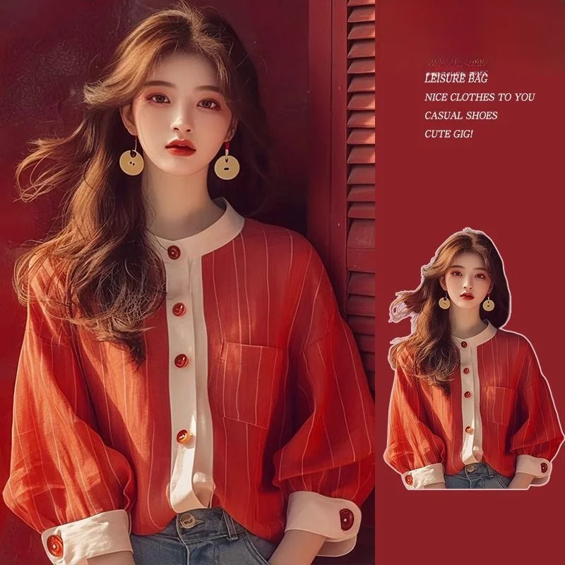 Early Autumn New Sle Loose Fit Orange Splice Lantern Sve irt Korean Sle Faionable Casual V Ne Long Sve irt