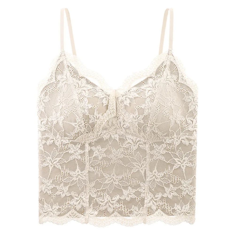 Chic Mesh Flower Slim Lace Crop Top Bottoming Shirt Summer Girl's Vest Top Sweet Spicy Girls Style Camisole with Pads Lady