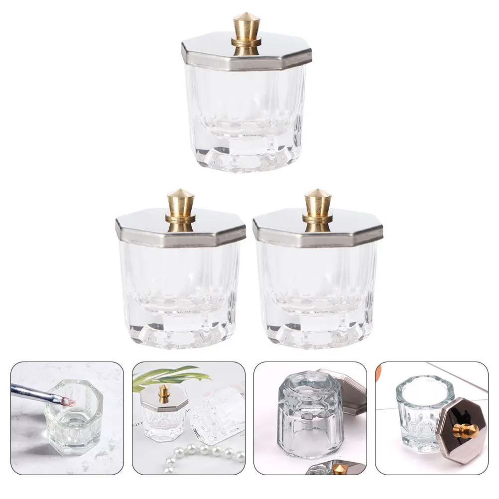 3Pcs Octagon Lid Nail Art Dish Clear Glass Container Refillable Manicure Acrylic Liquid Powder Bowl Perfect Gift for Girls Women