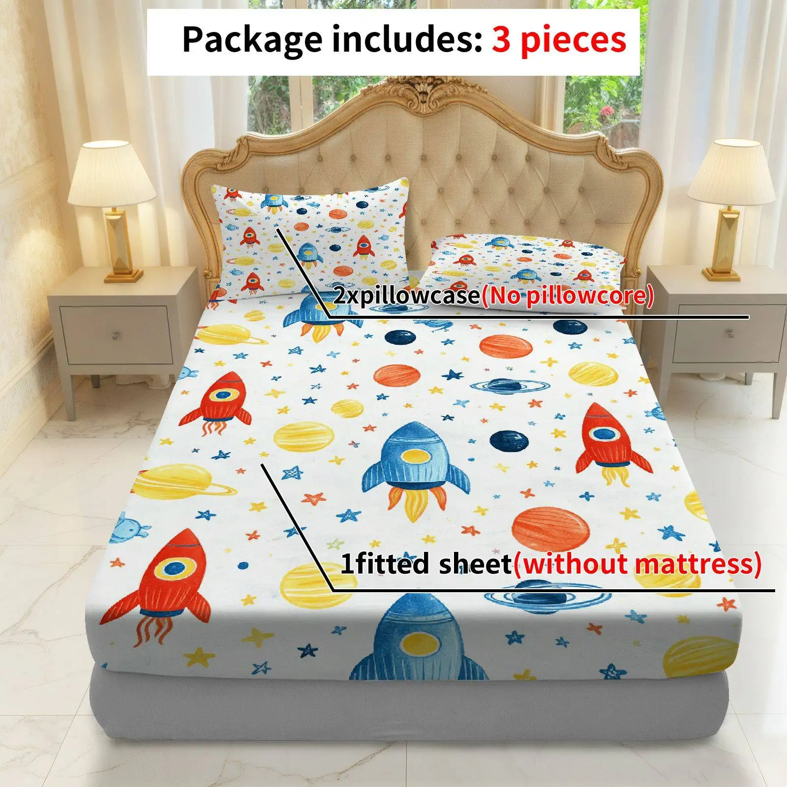3-Piece Mattress Protector Set, 2D Flat Printed Fitted Sheet with Space Rocket and Planet Design, Space-Themed, Mattress Protector, Machine Washable, Home Bedroom Decoration, Holiday-Themed Fitted Sheet and Pillowcase, Mattress Protector, Stain-Resistant, Suitable for All Seasons, Easy to Care For, Universal for Home Bedroom, Essential for Dorms and Rentals, Master Bedroom and Guest Room Decoration, Dust-Proof and Stain-Resistant, High Elasticity, Fits Various Sizes