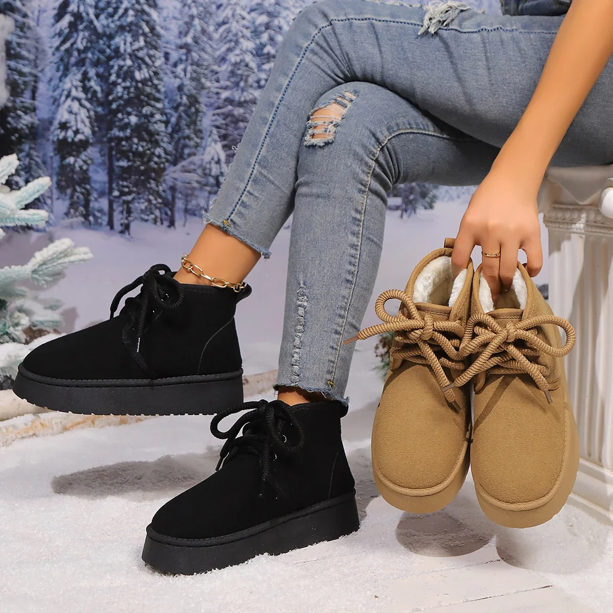 Women Boots Winter Short Plush Warm Lace Up Snow Boots Women Fashion Casual Flat and Platform Shoes for Women Botas De Mujer