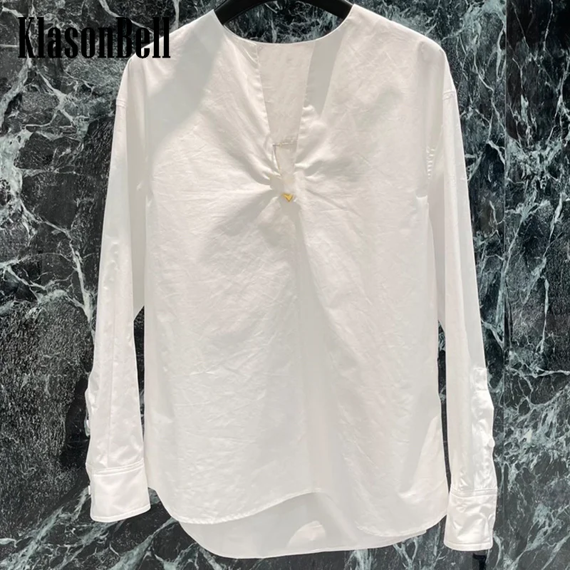 

7.3 KlasonBell Women Metal Decoration V-Neck White Blouse Fashion Simple Long Sleeve Pullover Casual Shirt