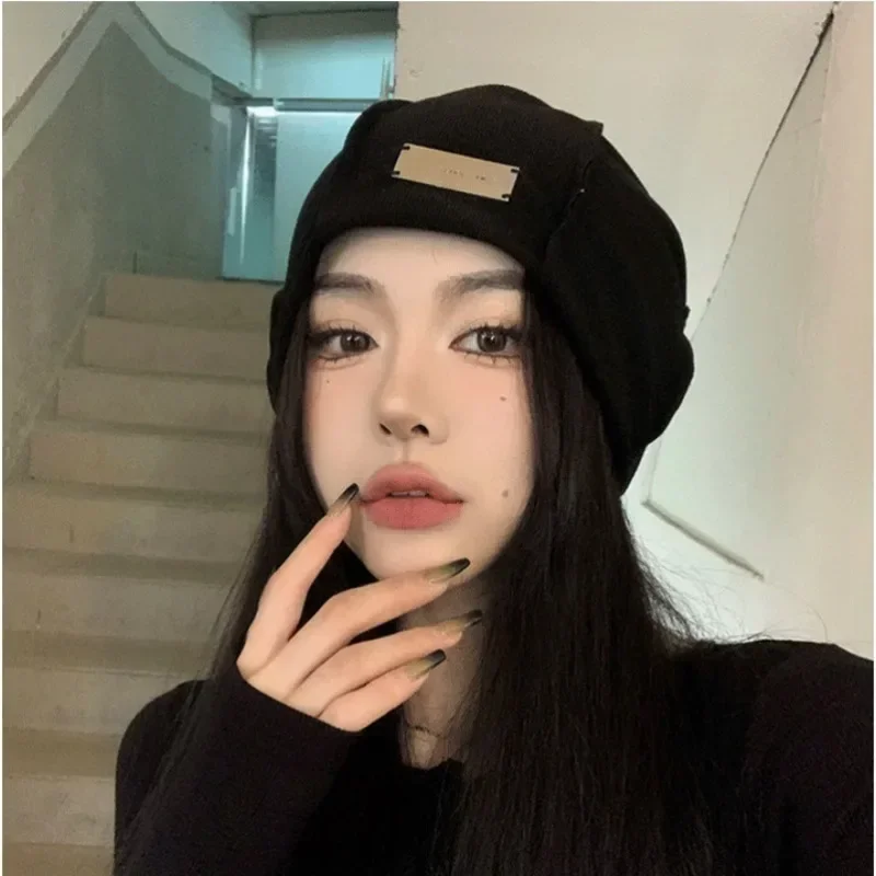 Autumn Winter Small Letter Cold Hat Slouchy Beanie Soft Knitted Hats for Women Knitted Ear Protection Caps Big Head Wai Pile Hat