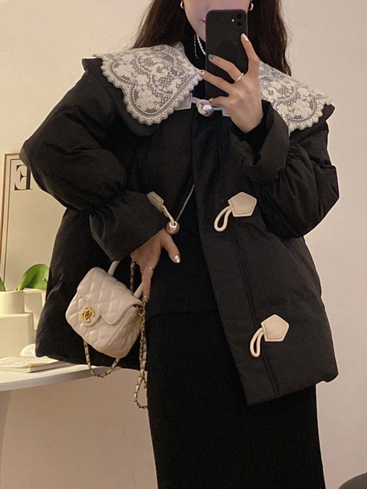 Oversized Warm Parkas Women Winter Long Sleeve Cotton Quilted Coat Female Korean Fashion Sweet Lace Doll Collar Loose Outerwear