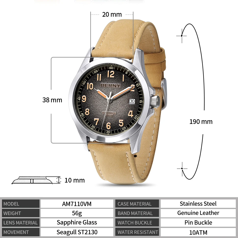 BERNY Automatikuhr für Herren ST2130 Leuchtende mechanische Armbanduhr Saphir Wasserdicht 10ATM Top-Marke Luxusuhr für Herren – Detail 2
