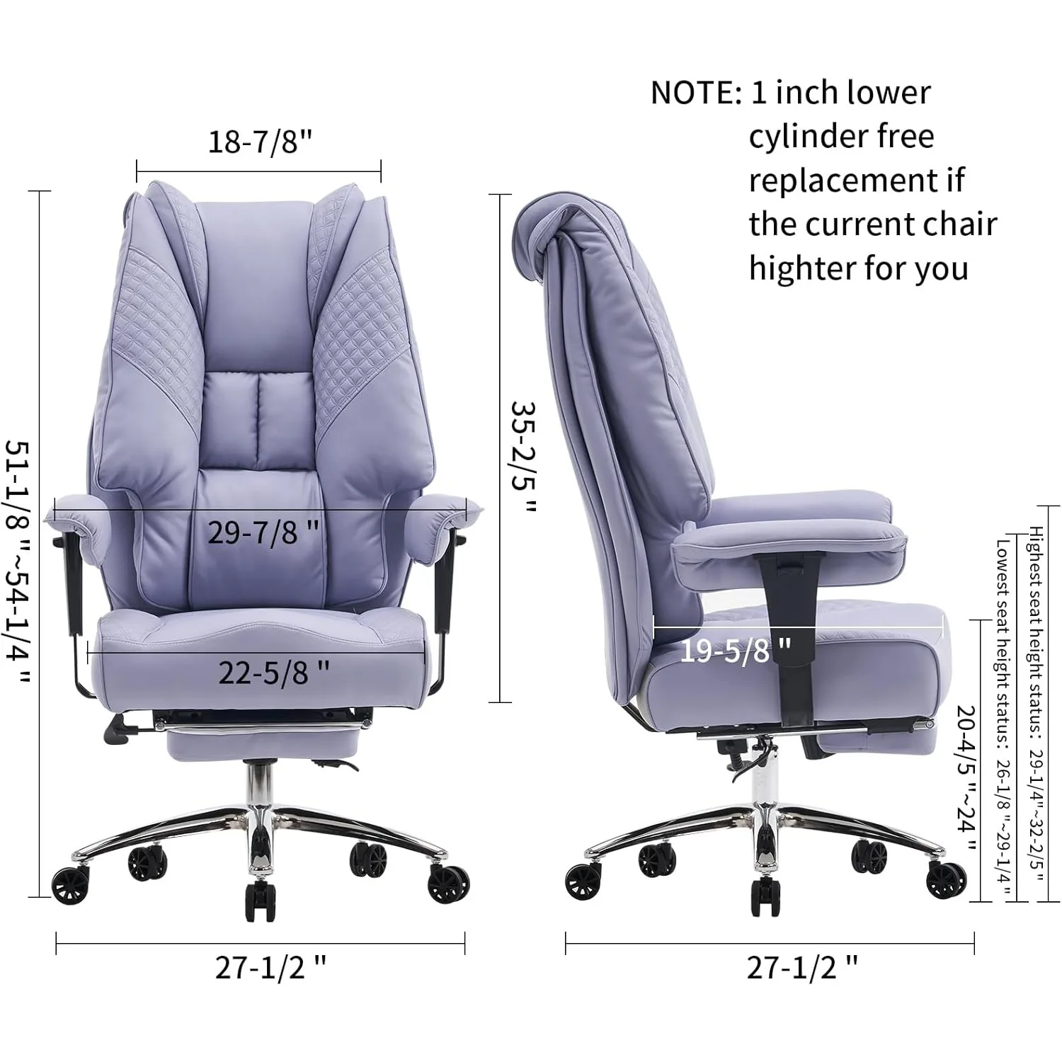 Office Chair 400lbs Wide Seat, Leather High Back Executive Office Chair w/ Foot Rest(Light Purple)