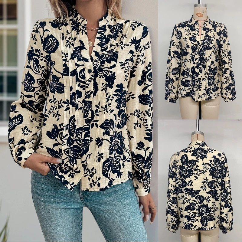 Fashion Autumn New Vintage Printed Shirt Long Sleeve Stand Up Collar Elegant Casual Women's Tops 2024 New Lady Blouses 30913