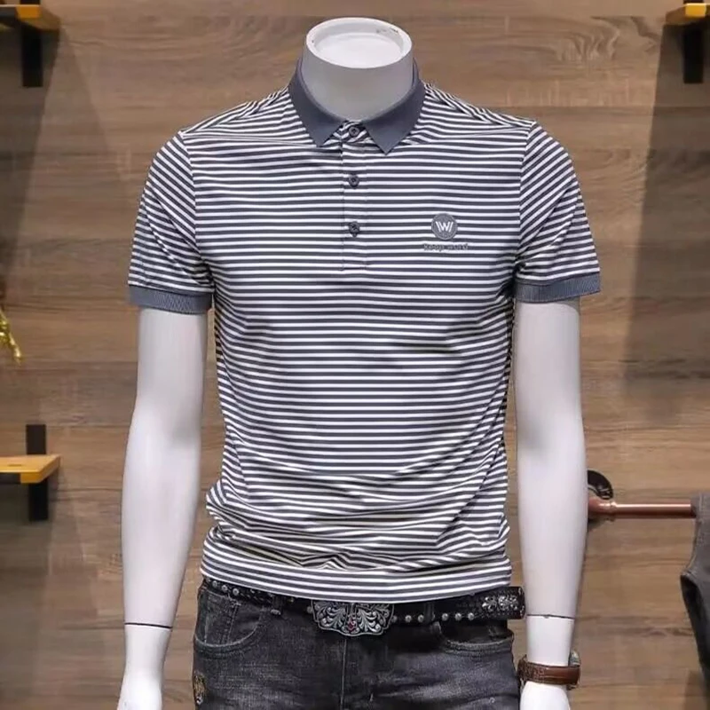 Fashion O-Neck Spliced Embroidery Striped Polo Shirts Men's Clothing Summer New Loose All-match Tops England Tee Shirt