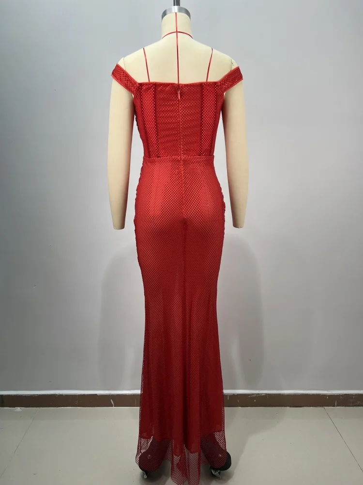 Glamorous Red Sequined Off - Shoulder Maxi Dress for Evening Party Sheer Mesh Bodycon Cutout Long Gown 2025 New Vestidos