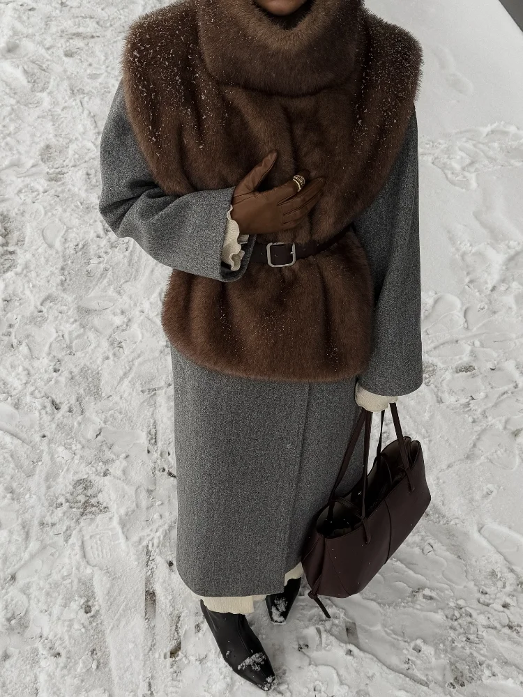 Women Chic Stand Collar Faux Fur Vest Solid High Collar Sleeveless Loose Waistcoat Casual 2025 New Lady Daily Street Short Vests
