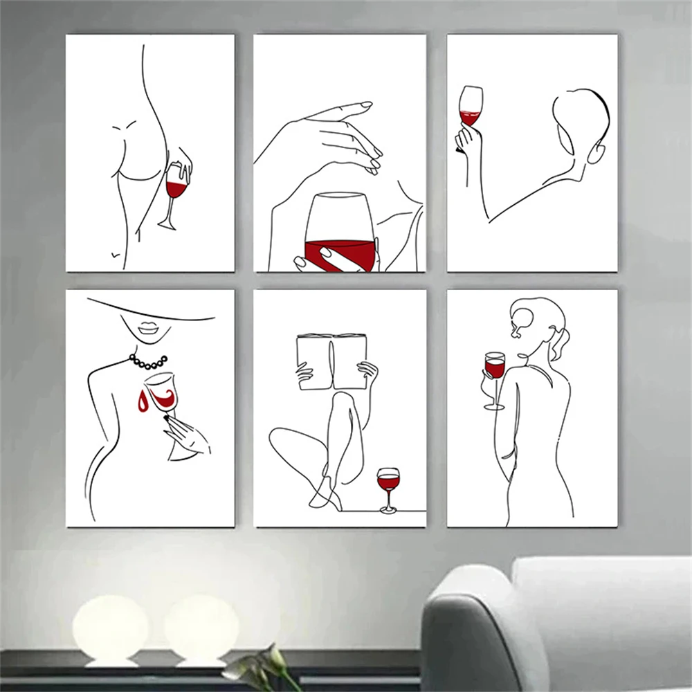 Sexy Woman Body Line Canvas Painting Abstract Wine Poster Drinkers Wall Art Print Wine Lover Wall Pictures Nordic Bedroom Decor