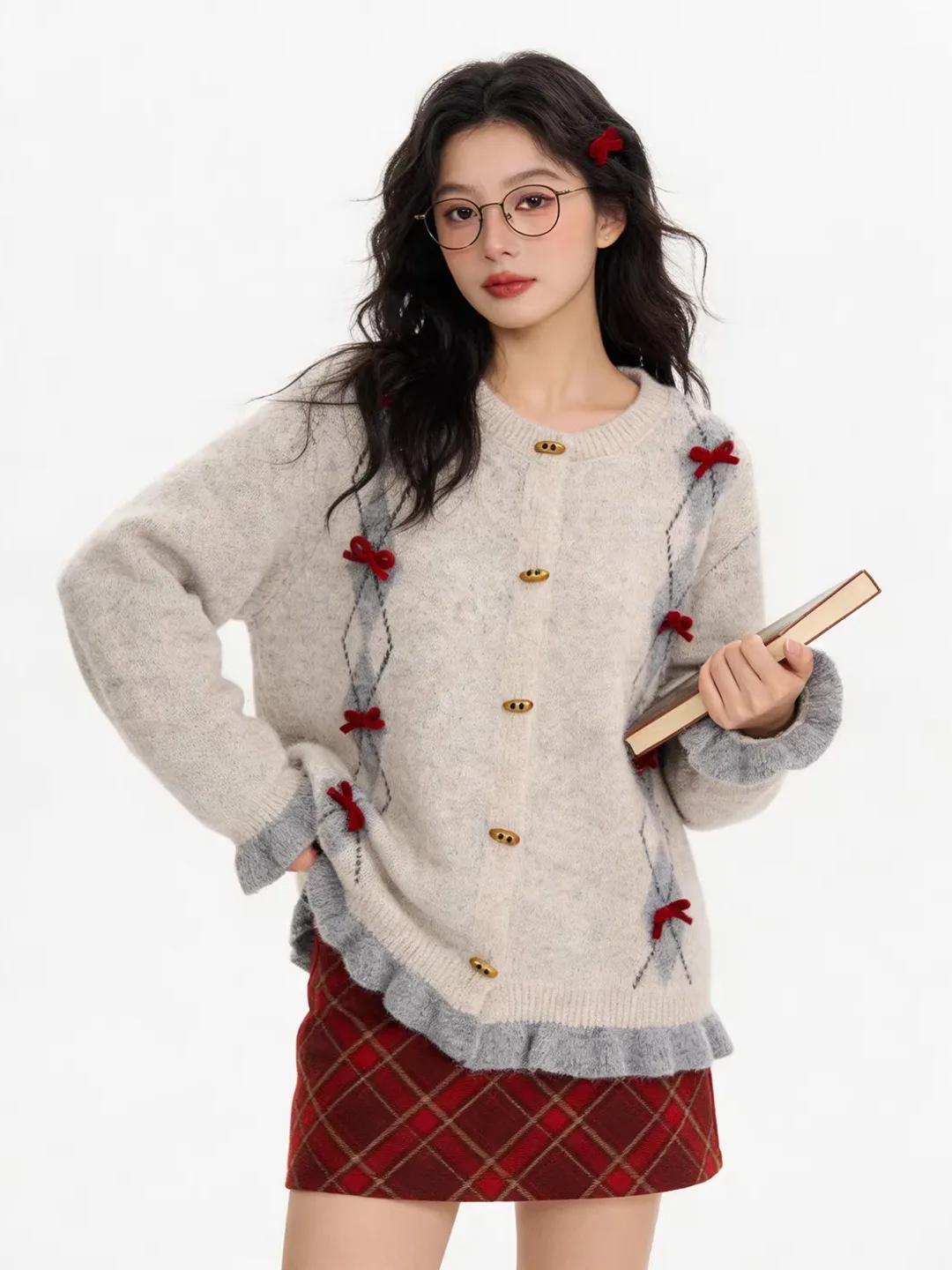 

Soft Red Cisas Sle Korean Sweater with Lace Winter Knot Diamond id Fair Isle New Year Knitted irt for Women