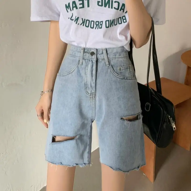 Summer Hollow Out Streetwear Harajuku Denim Shorts Ladies Vintage Casual Fashion Knee Length All-match Jeans Women's Trousers