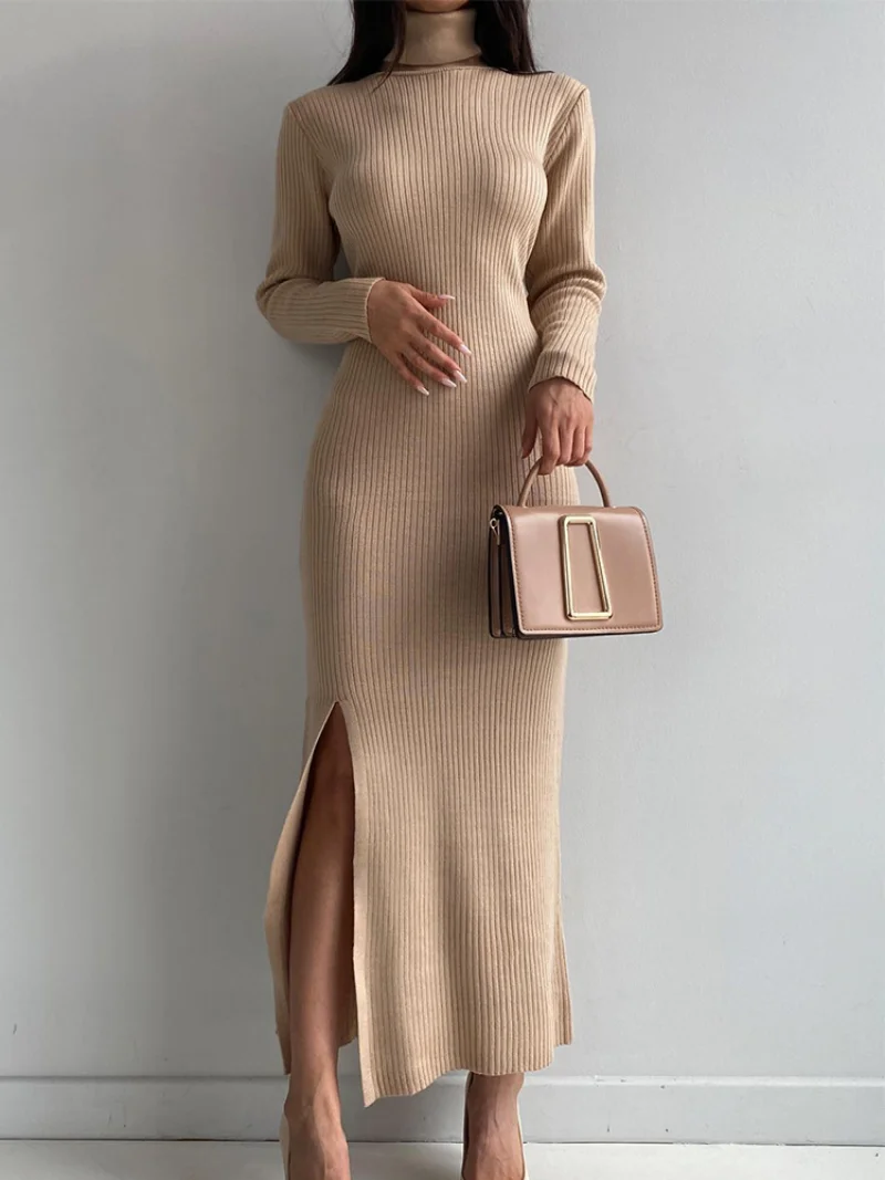 High-neck Split Knit Dress Long-sleeved Sexy Pit Strip Tight Buttock Sweater Dress for Women