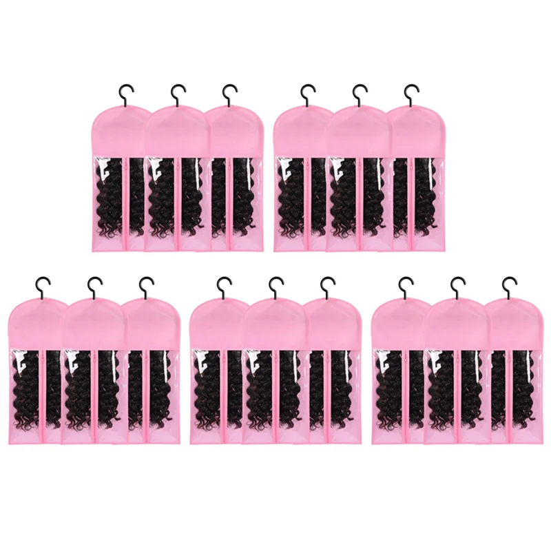 

A93E-15PCS Hair Extension Holder Wig Storage For Multiple Wigs Holder Wig Bags With Hanger Hair Extension Storage Pink