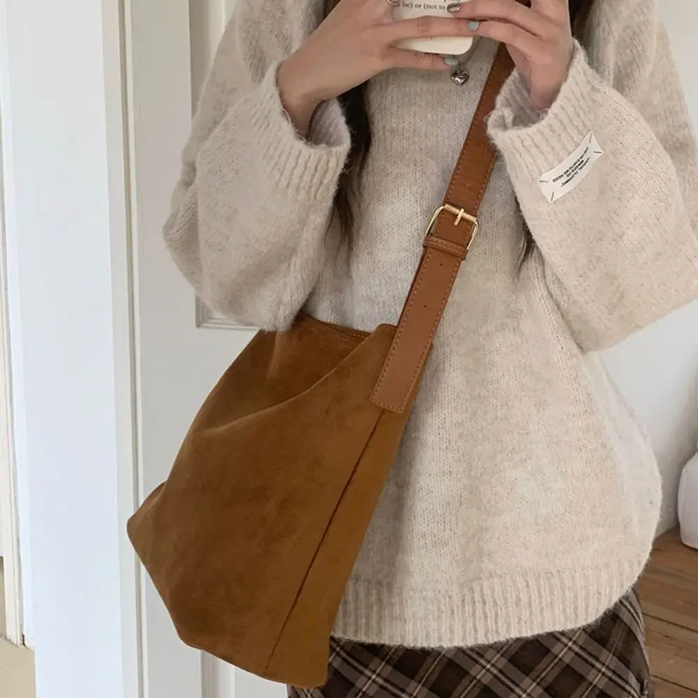 

Vintage Vintage Suede Bucket Bag Brown Pure Color Matte Pu Leather Shoulder Bag Korean Style Fashion Underarm Bag Ladies