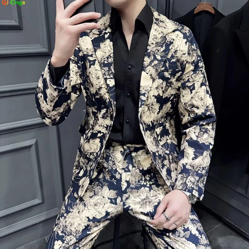 Black Mens Printed Suit Two-Piece,Single Button V Collar Cotton Jacket with Trousers, Asian Size M-5XL
